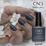 Vernis semi-permanent professionnel CND Shellac Asphalt, teinte gris anthracite profond et élégant, finition brillante sur ongles courts et longs