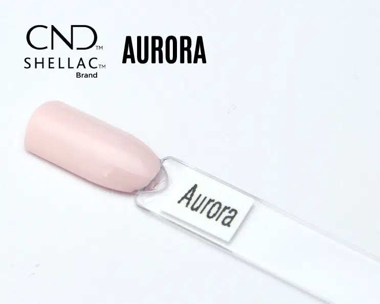 Capsule du vernis semi-permanent professionnel CND™ Shellac Aurora, rose poudré clair et brillant à la finition laquée.