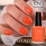 Vernis semi-permanent professionnel CND Shellac B-Day Candle, teinte orange corail vive et lumineuse, finition brillante sur ongles courts et longs
