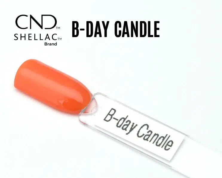 Capsule du vernis semi-permanent professionnel CND™ Shellac B-Day Candle, corail orangé vif et brillant à la finition laquée.