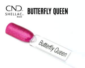 Capsule du vernis semi-permanent professionnel CND™ Shellac Butterfly Queen, rose fuchsia pailleté, lumineux et brillant effet miroir.