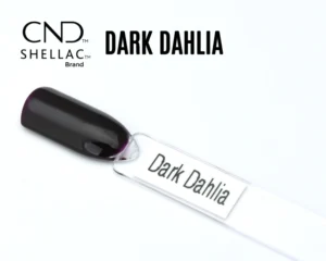 Capsule du vernis semi-permanent professionnel CND™ Shellac Dark Dahlia, violet prune foncé et intense, à la finition miroir brillante.