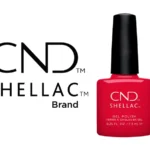 Vernis semi-permanent CND™ Shellac Element (7,3 ml) – rouge corail lumineux et éclatant. Tenue jusqu’à 3 semaines, dépose douce, formule professionnelle. Disponible à 15,90 € sur RBBE.fr.