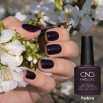 Vernis semi-permanent professionnel CND Shellac Fedora – teinte prune aubergine foncée brillante sur ongles