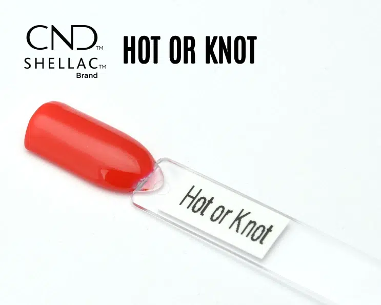 Capsule du vernis semi-permanent professionnel CND™ Shellac Hot or Knot, corail vif à la finition brillante effet miroir.