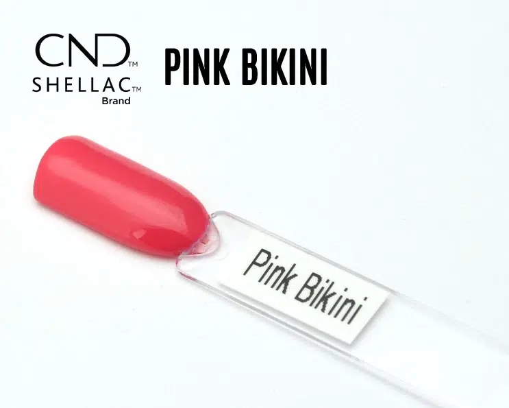 Capsule du vernis semi-permanent professionnel CND™ Shellac Pink Bikini, rose fuchsia chaud intense à la finition brillante effet miroir.