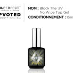 Flacon du top coat professionnel UPVOTED Block the UV No Wipe Top Gel, 15 ml, finition ultra-brillante sans résidu collant.