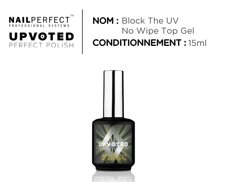 Flacon du top coat professionnel UPVOTED Block the UV No Wipe Top Gel, 15 ml, finition ultra-brillante sans résidu collant.