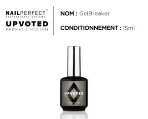 Flacon UPVOTED GelBreaker (15 ml) – liquide de dépose vernis permanent rapide, format professionnel.