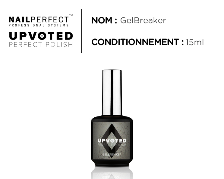 Flacon UPVOTED GelBreaker (15 ml) – liquide de dépose vernis permanent rapide, format professionnel.