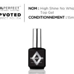 Flacon du top coat professionnel UPVOTED Soak Off High Shine No Wipe Top Gel, 15 ml, fini miroir ultra-brillant sans résidu collant.