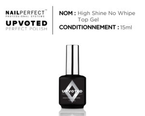 Flacon du top coat professionnel UPVOTED Soak Off High Shine No Wipe Top Gel, 15 ml, fini miroir ultra-brillant sans résidu collant.