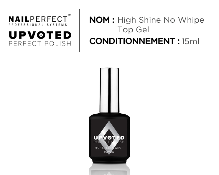 Flacon du top coat professionnel UPVOTED Soak Off High Shine No Wipe Top Gel, 15 ml, fini miroir ultra-brillant sans résidu collant.