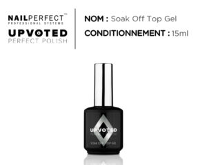 Flacon du top coat professionnel UPVOTED Soak Off Top Gel, 15 ml, finition miroir ultra-brillante.