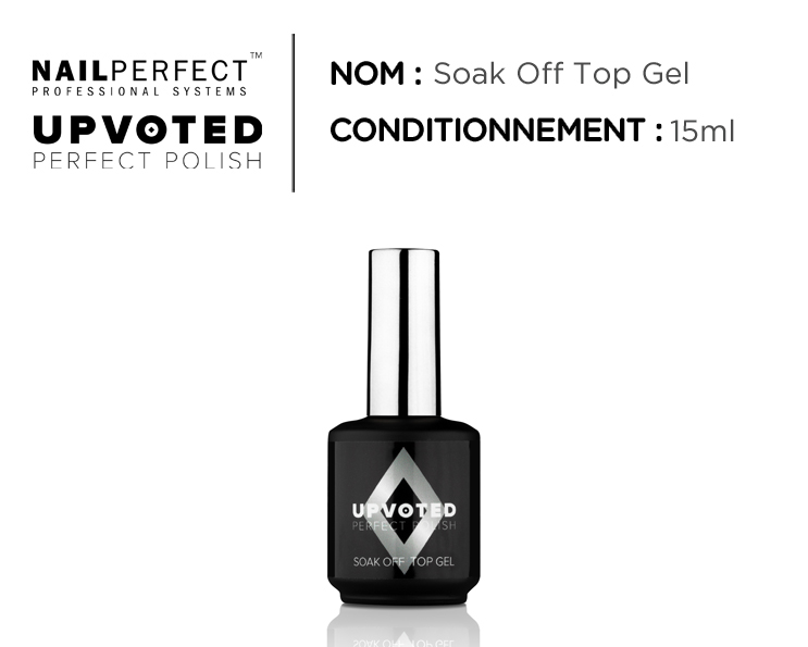 Flacon du top coat professionnel UPVOTED Soak Off Top Gel, 15 ml, finition miroir ultra-brillante.