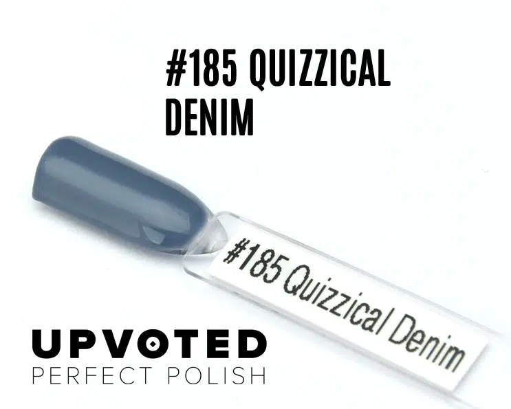 Capsule du vernis semi-permanent NailPerfect Upvoted #185 Quizzical Denim, un bleu jean profond et brillant.