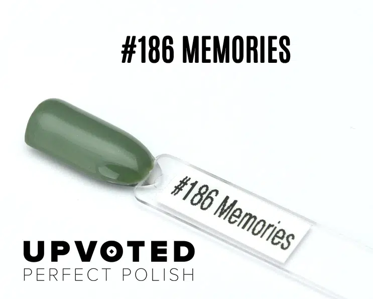 Capsule du vernis semi-permanent NailPerfect Upvoted #186 Memories, un vert sauge doux et brillant.