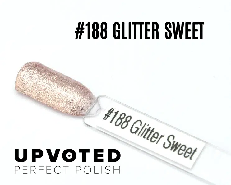 Capsule du vernis semi-permanent NailPerfect Upvoted #188 Glitter Sweet, un rose doré pailleté et lumineux.