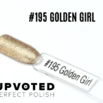 Capsule du vernis semi-permanent NailPerfect Upvoted #195 Golden Girl, un doré pailleté chaud et lumineux.