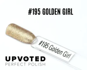 Capsule du vernis semi-permanent NailPerfect Upvoted #195 Golden Girl, un doré pailleté chaud et lumineux.