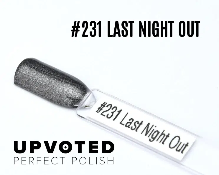 Capsule du vernis semi-permanent NailPerfect Upvoted #231 Last Night Out, gris anthracite métalisé pailleté.