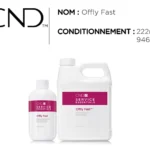 Flacon de solution de fonte professionnelle CND™ OFFLY FAST, disponible en 222 ml et 946 ml, enrichie en huile de macadamia et vitamine E, pour un retrait rapide et doux des vernis semi-permanents.