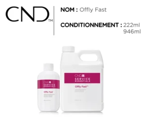 Flacon de solution de fonte professionnelle CND™ OFFLY FAST, disponible en 222 ml et 946 ml, enrichie en huile de macadamia et vitamine E, pour un retrait rapide et doux des vernis semi-permanents.