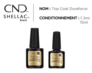 CND™ Shellac Top Coat Duraforce – 7,3 ml & 15 ml. Top coat renforcé, brillance miroir et résistance renforcée jusqu’à 25 %. Pour ongles fragiles ou usage intensif.
