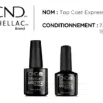 CND™ Shellac Top Coat Xpress5™ – 7,3 ml & 15 ml. Brillance miroir, dépose rapide 5 minutes, sans couche collante. Top coat professionnel Shellac™ à prix RBBE.
