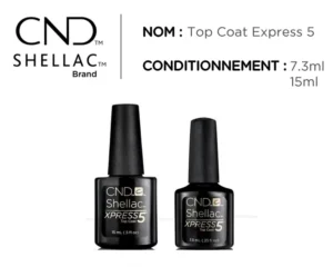 CND™ Shellac Top Coat Xpress5™ – 7,3 ml & 15 ml. Brillance miroir, dépose rapide 5 minutes, sans couche collante. Top coat professionnel Shellac™ à prix RBBE.