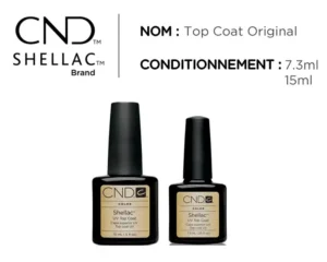 CND™ Shellac Top Coat Original – 7,3 ml & 15 ml. Finition miroir, polymérisation rapide, dépose facile ~8 minutes. Top coat classique du système Shellac™.