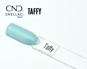 Capsule du vernis semi-permanent professionnel CND™ Shellac Taffy, bleu turquoise pastel clair au fini brillant et laqué.