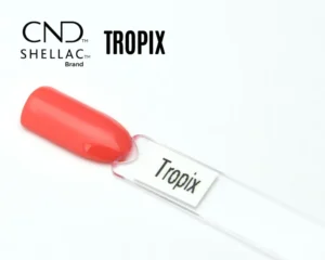 Capsule du vernis semi-permanent professionnel CND™ Shellac Tropix, corail orangé lumineux à la finition brillante effet miroir.