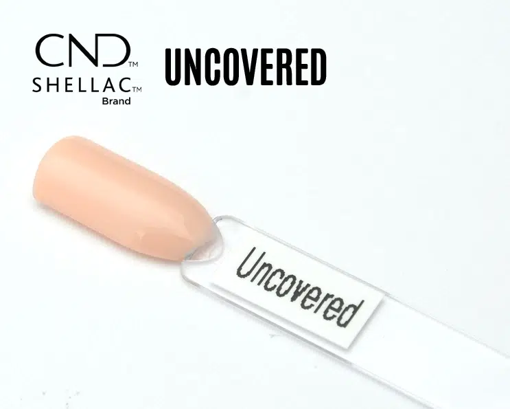 Capsule du vernis semi-permanent professionnel CND™ Shellac Uncovered, teinte nude pêche rosé au fini crème brillant.