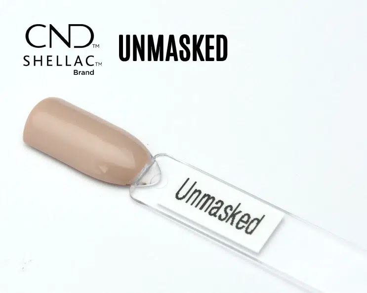 Le visuel montre la capsule du vernis CND™ Shellac Unmasked, beige taupe au fini crème et brillant.