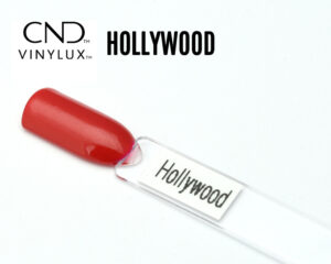 Capsule du vernis CND™ VINYLUX™ Hollywood, un rouge rosé lumineux au fini nacré opaque, scintillant et uniforme, illustrant fidèlement la teinte glamour du vernis.