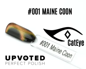Capsule du vernis semi-permanent Cat Eye NailPerfect Upvoted #001 Maine Coon, noir profond aux reflets cuivrés-dorés.