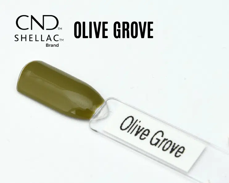 Capsule du vernis semi-permanent CND Shellac Olive Grove, une teinte vert olive profond légèrement kaki