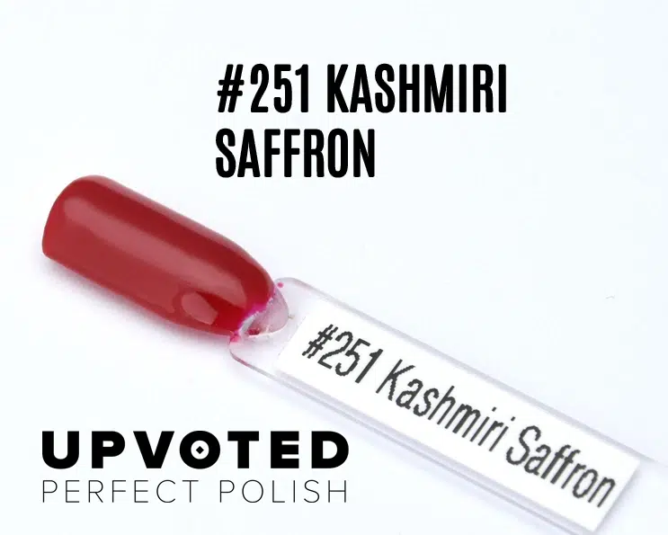 Capsule du vernis semi-permanent NailPerfect Upvoted #251 Kashmiri Saffron, rouge safran chaud et lumineux.
