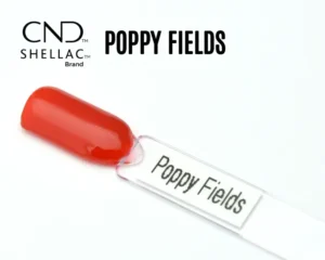Le visuel montre la capsule du vernis CND™ Shellac Poppy Fields, rouge orangé lumineux à la finition brillante.