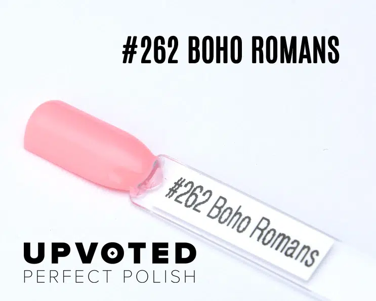 Capsule du vernis semi-permanent NailPerfect Upvoted #262 Boho Romans, rose corail doux et lumineux.
