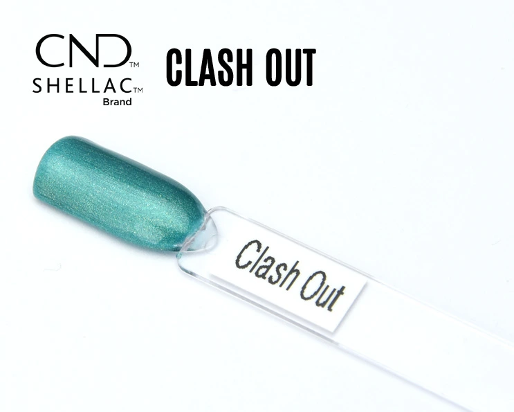 Capsule du vernis semi-permanent professionnel CND™ Shellac Clash Out, vert sarcelle métallique aux reflets bleutés et nacrés, finition brillante effet miroir.