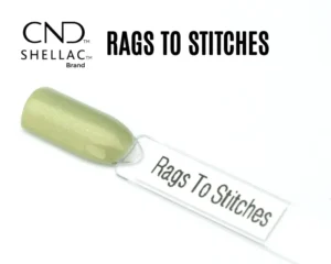 Capsule du vernis semi-permanent professionnel CND™ Shellac Rags To Stitches, vert pistache clair nacré et pailleté à reflets dorés.