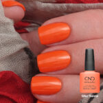 Vernis semi-permanent professionnel CND Shellac Silky Sienna orange brûlé appliqué sur ongles, avec flacon officiel