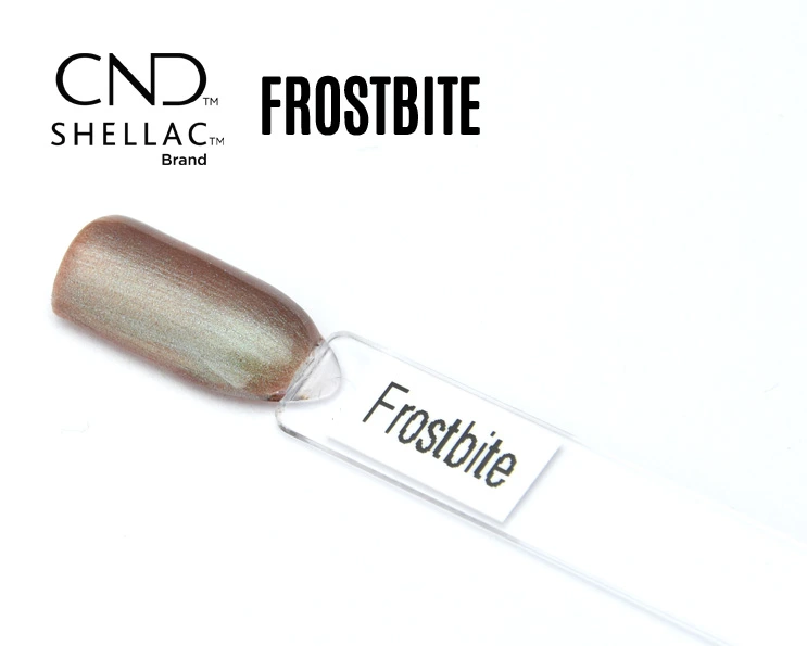 Capsule du vernis semi-permanent professionnel CND™ Shellac Frostbite, taupe métallisé aux reflets argentés et verts, finition brillante effet givré.