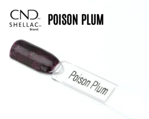 Capsule du vernis semi-permanent professionnel CND™ Shellac Poison Plum, violet prune foncé translucide aux paillettes bordeaux scintillantes.