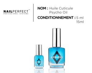 Flacon de l’huile à cuticules NailPerfect Upvoted Psycho (5 ml ou 15 ml), à la fragrance Monoï, nourrissante et hydratante pour cuticules et ongles.