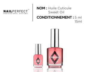 Flacon de l’huile à cuticules NailPerfect Upvoted Sweet, design noir professionnel avec étiquette colorée, mettant en valeur la fragrance framboise et la texture soyeuse du soin hydratant.