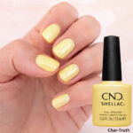Vernis semi-permanent professionnel CND Shellac Char-Truth, teinte jaune pastel doux et lumineux, finition brillante sur ongles courts et longs