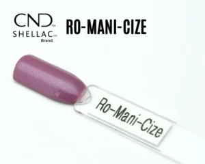 Capsule du vernis semi-permanent professionnel CND™ Shellac Ro-Mani-Cize, rose mauve irisé à la brillance nacrée et au fini raffiné.